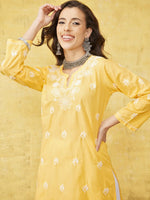 Thumbnail for ADA Women Yellow & White Chikankari Embroidered Straight Sustainable Handloom Kurta - Distacart