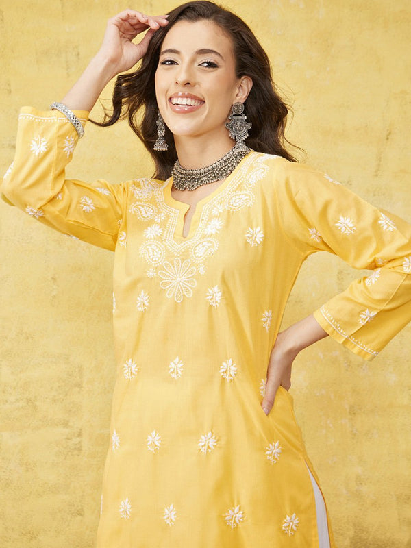 ADA Women Yellow & White Chikankari Embroidered Straight Sustainable Handloom Kurta - Distacart