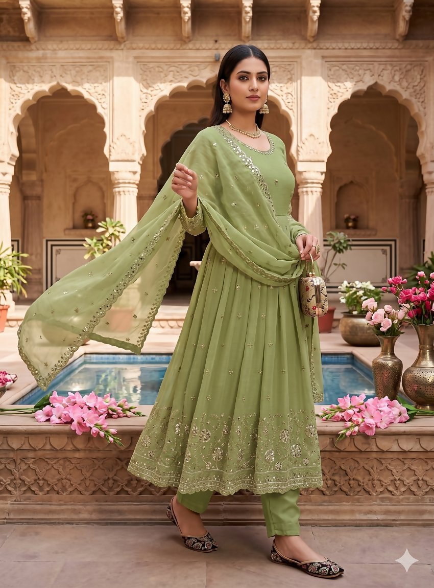 Teeya Creation Elegant Pista Green Embroidered Anarkali Kurta Set With Mirror Work Dupatta - Dista