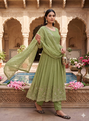 Teeya Creation Elegant Pista Green Embroidered Anarkali Kurta Set With Mirror Work Dupatta - Dista