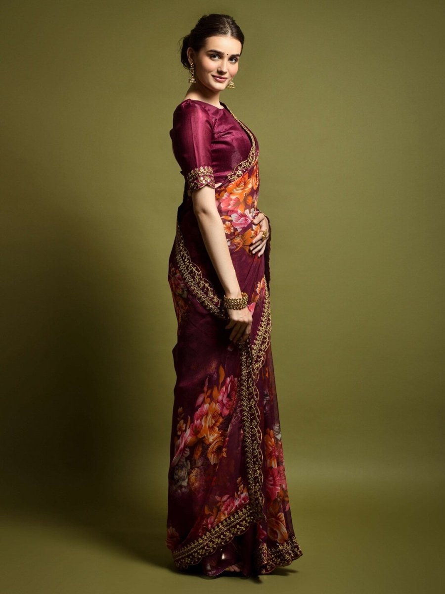 Anouk Magenta & Orange Floral Printed Sequined Pure Georgette Saree - Distacart