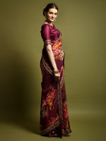 Thumbnail for Anouk Magenta & Orange Floral Printed Sequined Pure Georgette Saree - Distacart