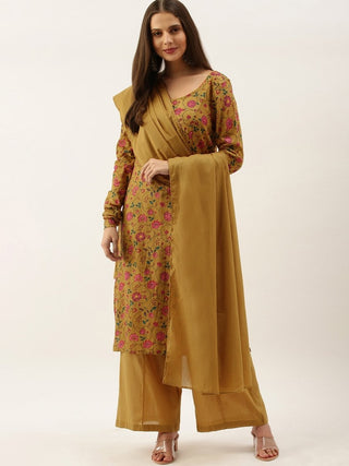 All About You Women Brown Floral Print Straight Cotton Kurta with Palazzos & Dupatta - Distacart