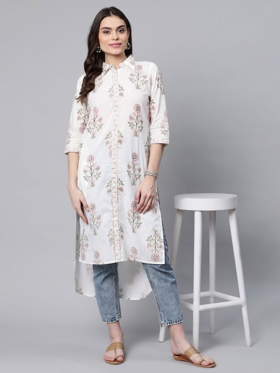 Ahalyaa Women's Off White Pure Cotton Floral Printed Kurta - Distacart