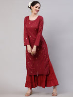 Thumbnail for Aks Woven Design Round Neck Zari Cotton A-Line Kurta - Distacart