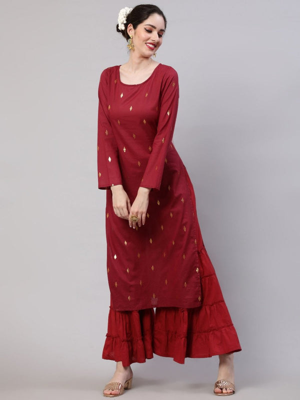Aks Woven Design Round Neck Zari Cotton A-Line Kurta - Distacart
