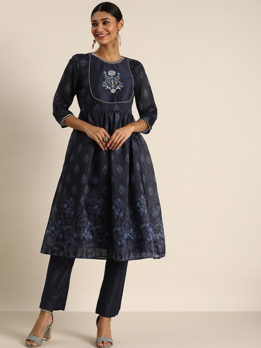 All About You Women Navy Blue Floral Printed Empire Kurta with Trousers - Distacart