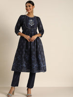 Thumbnail for All About You Women Navy Blue Floral Printed Empire Kurta with Trousers - Distacart