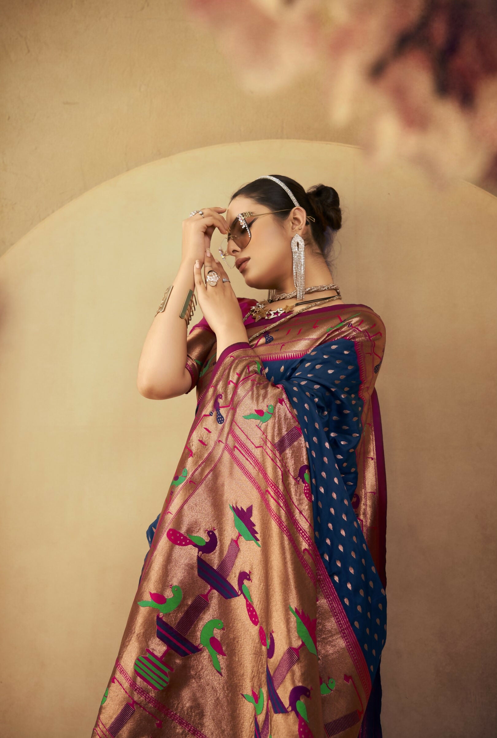 Vishnu Weaves Women's Navy-Blue Paithani Silk Saree with Blouse - Distacart