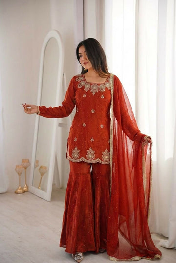 Teeya Creation Womens New Fancy Embroidery Sequence Work With Zarkan Diamond Work Kurta Set - Dista