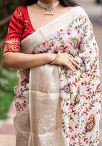 Thumbnail for White Jute Silk Ethnic Motifs Saree with Unstitched Blouse - Hiral Fashion - Distacart
