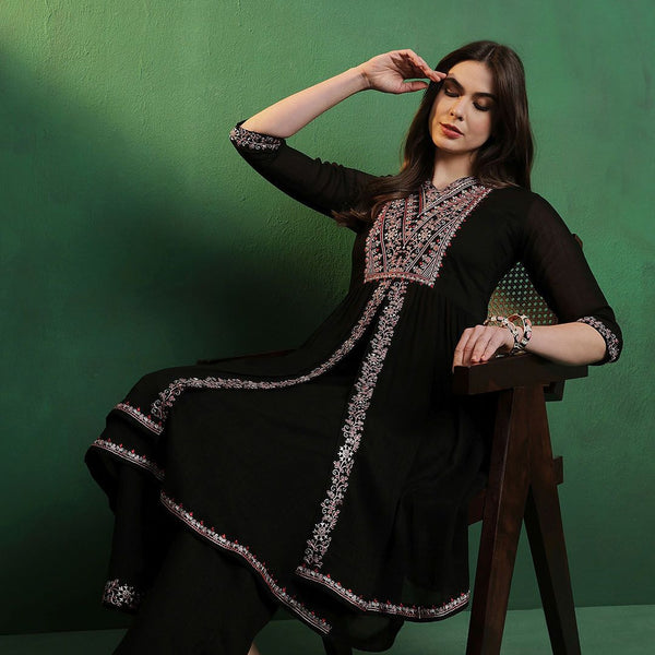 Sangria Embroidered A-Line Silk Kurta With Palazzo Set - Distacart