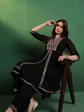 Sangria Embroidered A-Line Silk Kurta With Palazzo Set - Distacart