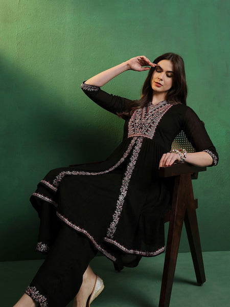 Sangria Embroidered A-Line Silk Kurta With Palazzo Set