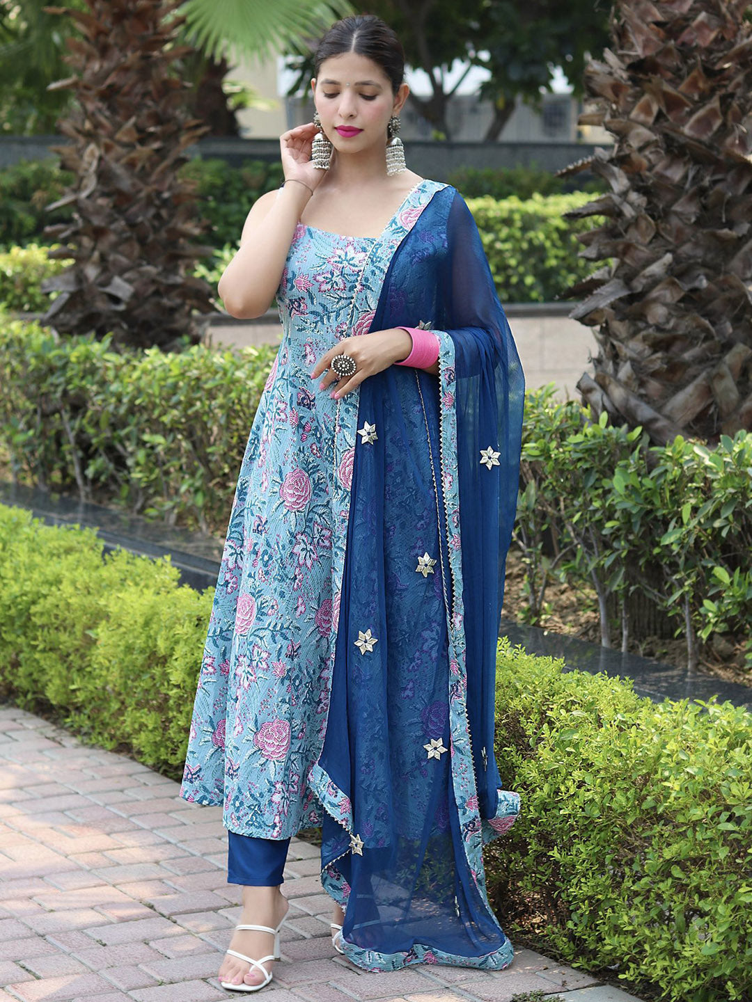 Kalini Floral Printed Anarkali Kurta With Trousers & Dupatta - Distacart