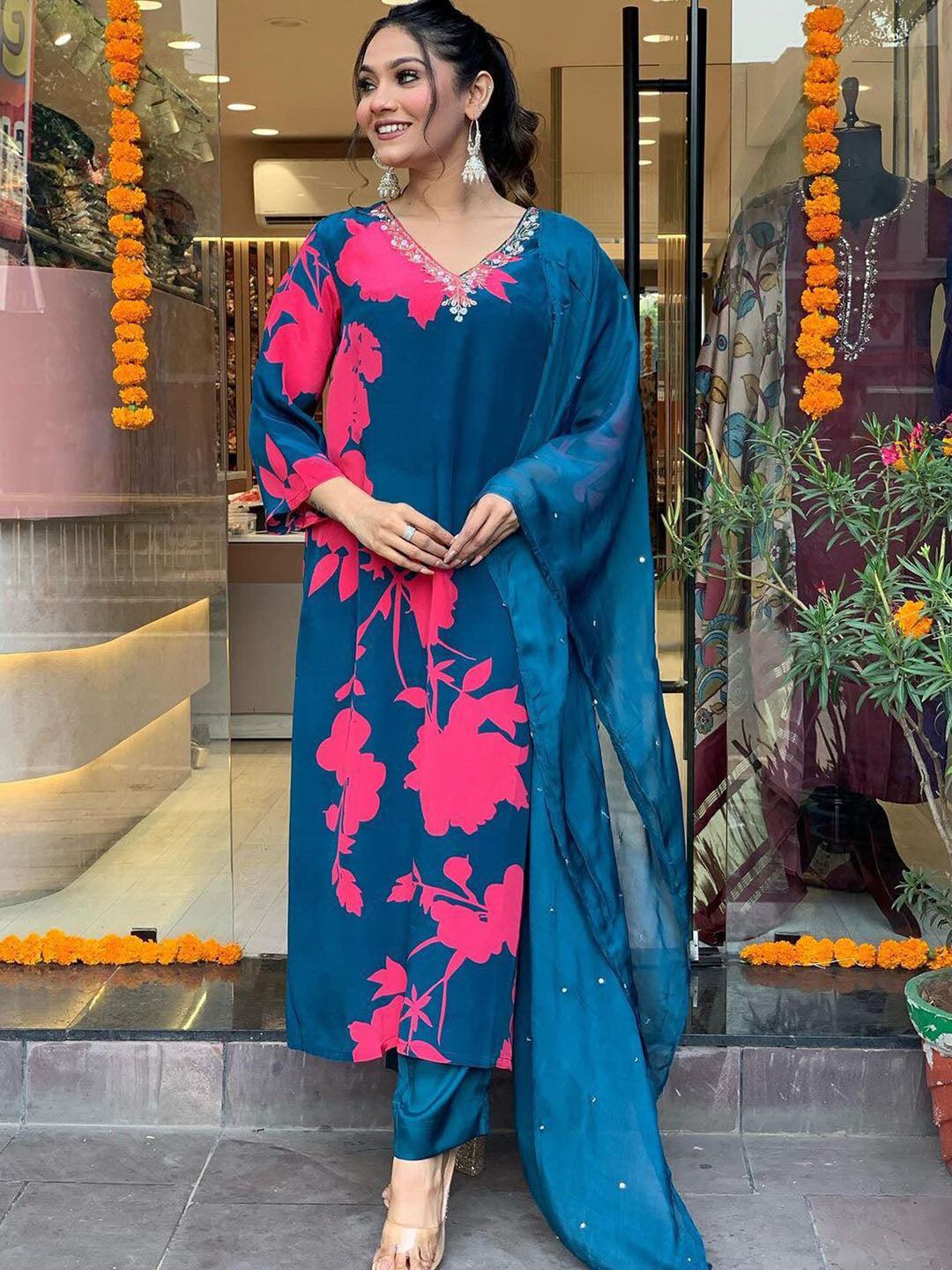 Kalini Floral Printed V-Neck Beads and Stones Kurta With Trousers & Dupatta - Distacart