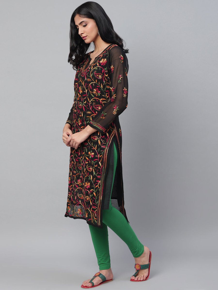 ADA Women Black & Pink Chikankari Hand Embroidered Semi-Sheer Straight Sustainable Kurta With Slip - Distacart