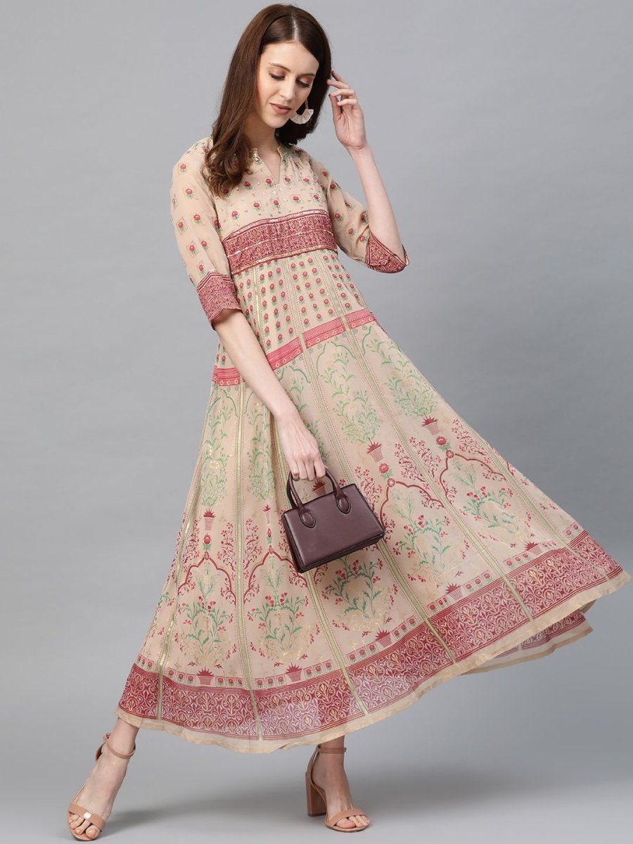 AURELIA Beige & Pink Ethnic Motifs Printed Maxi Dress - Distacart