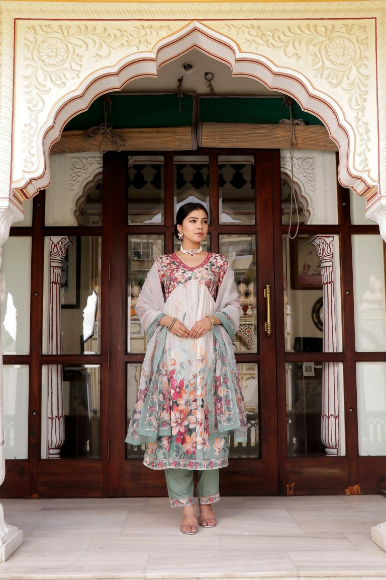 Vaasva Women Maroon Muslin Floral Printed Alia Cut Kurta, Pant & Dupatta set - Distacart