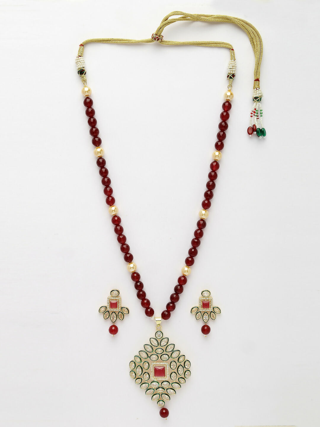NVR Women's Red Kundan-Studded & Beaded Handcrafted Jewellery Set - Distacart