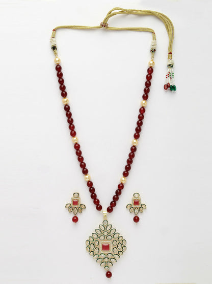 NVR Women's Red Kundan-Studded & Beaded Handcrafted Jewellery Set - Distacart