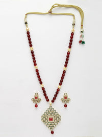 Thumbnail for NVR Women's Red Kundan-Studded & Beaded Handcrafted Jewellery Set - Distacart