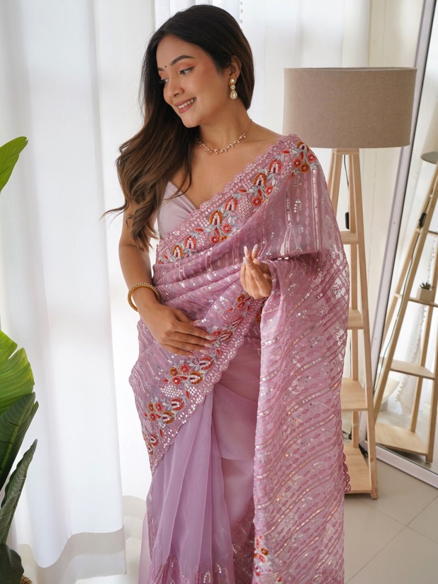 Anouk Mauve-Coloured Ethnic Motifs Embroidered Sequinned Organza Saree - Distacart