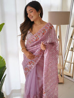 Thumbnail for Anouk Mauve-Coloured Ethnic Motifs Embroidered Sequinned Organza Saree - Distacart