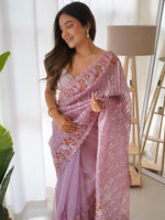 Thumbnail for Anouk Mauve-Coloured Ethnic Motifs Embroidered Sequinned Organza Saree - Distacart