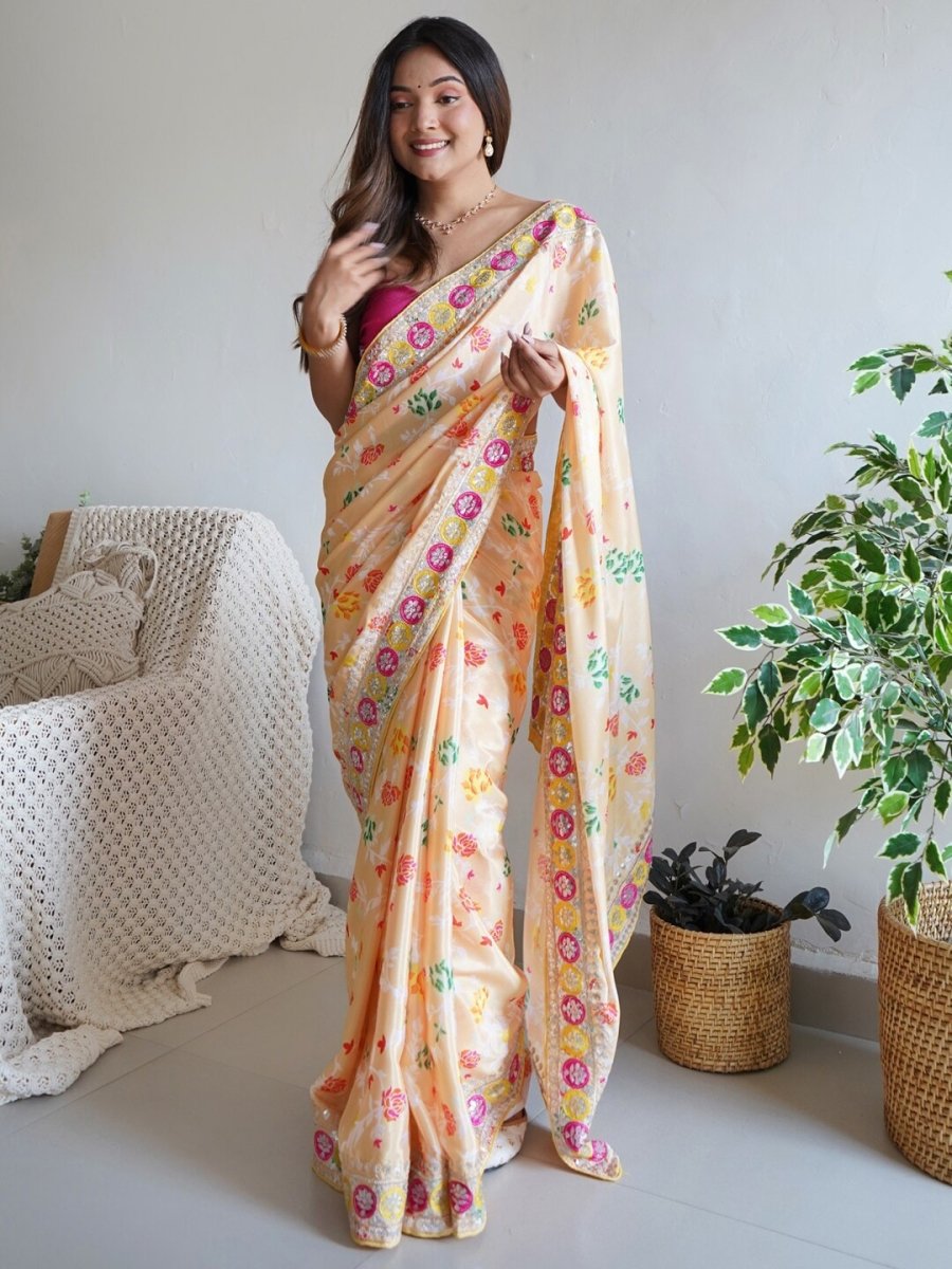 Anouk Yellow Floral Printed Sequinned Detailed Saree - Distacart