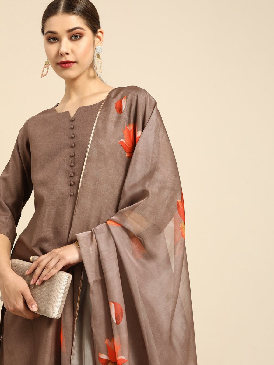 Anouk Women Brown Solid Straight Kurta with Palazzos & With Dupatta - Distacart