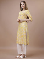 Thumbnail for Ode by House of Pataudi Yellow Floral Printed Round Neck Straight Kurta - Distacart