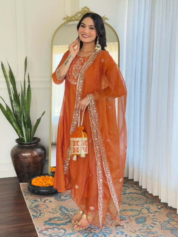 Divine Drape Women's Vichitra Silk Embroidered Flared Kurta Pant With Dupatta - Orange