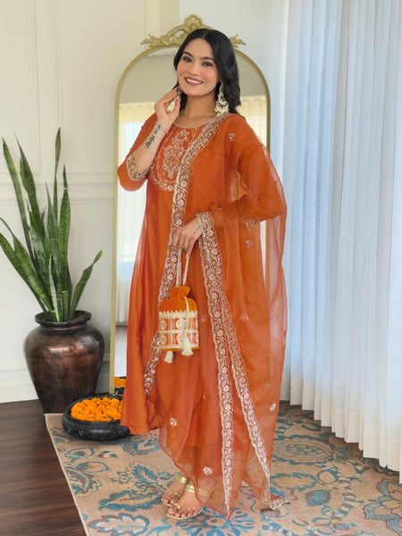 Divine Drape Women's Vichitra Silk Embroidered Flared Kurta Pant With Dupatta - Orange