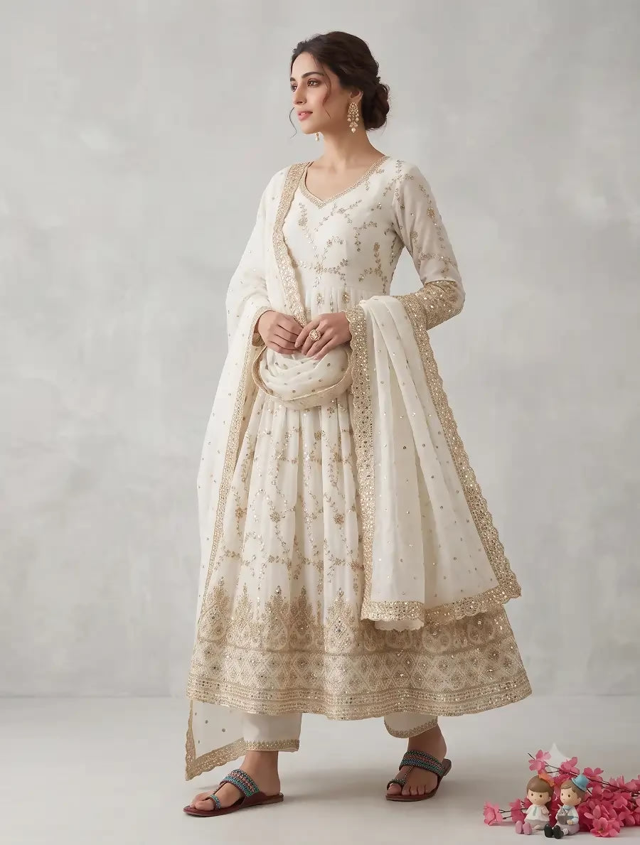 Teeya Creation White Zari Embroidered Georgette Anarkali Suit with Dupatta - Dista
