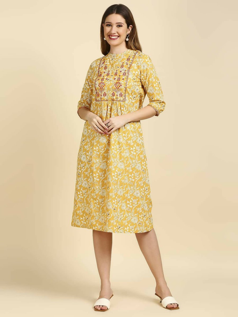 Anubhutee Women's Cotton A-Line Midi Casual Yellow Dress - Distacart