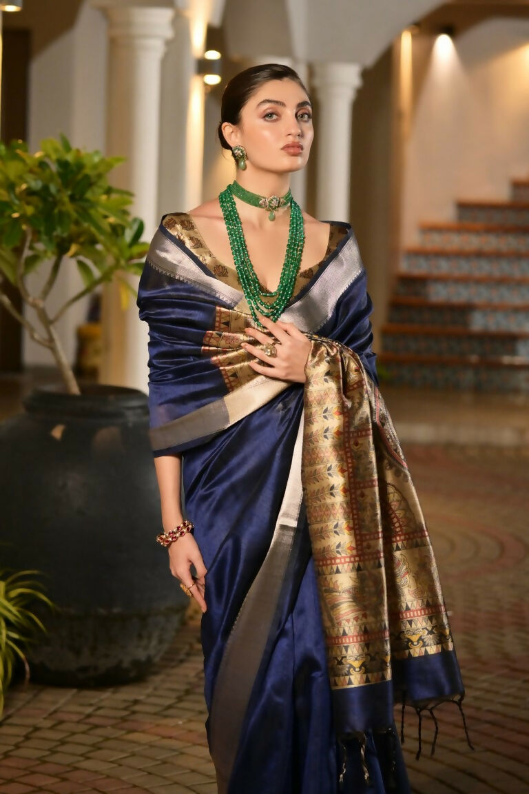 Vishnu Weaves Women's Blue Soft Tussar Silk Printed Saree with Blouse