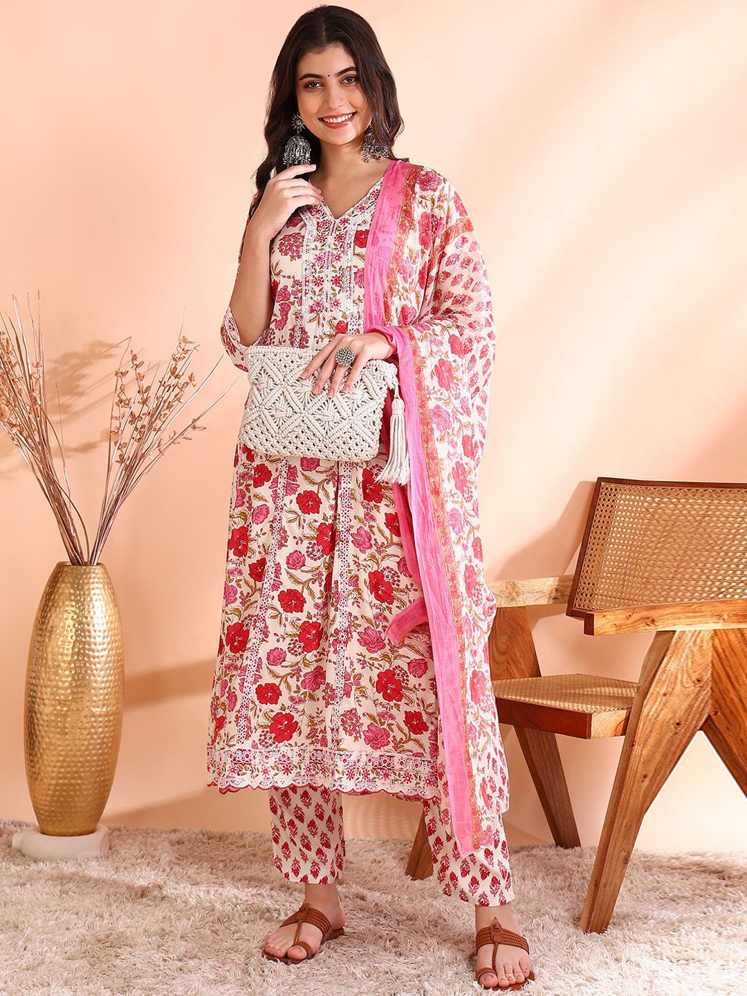 Ode by House of Pataudi Thread Work Pure Cotton Anarkali Kurta with Trousers & Dupatta - Distacart