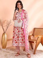 Thumbnail for Ode by House of Pataudi Thread Work Pure Cotton Anarkali Kurta with Trousers & Dupatta - Distacart