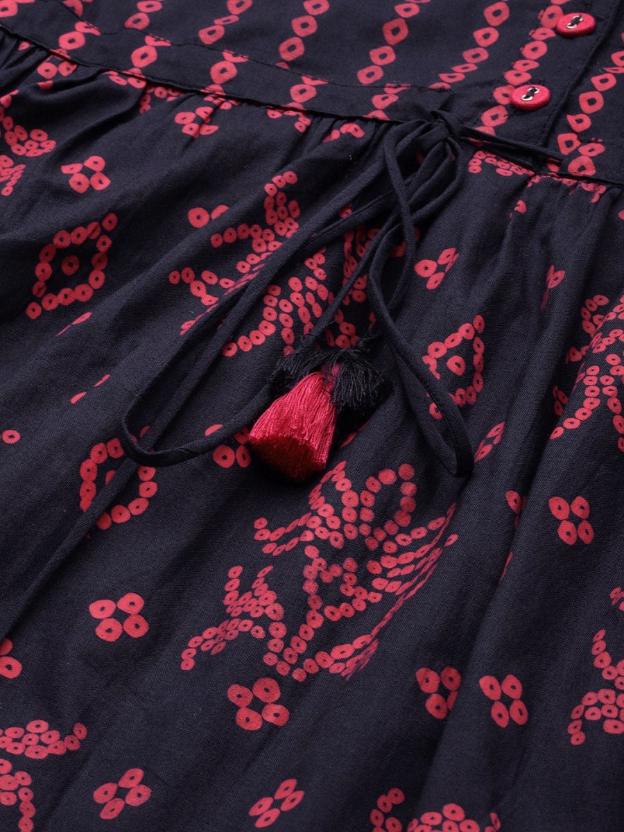 All About You Women Blue & Pink Bandhani Printed Pleated Kurti with Palazzos - Distacart