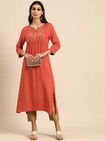 Thumbnail for All About You Women Rust Orange Floral Yoke Design Embroidered Thread Work Straight Kurta - Distacart