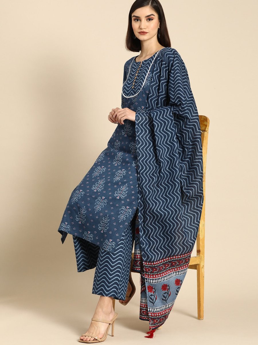Anouk Women Blue Ethnic Motifs Printed Regular Pure Cotton Kurta with Palazzos & With Dupatta - Distacart