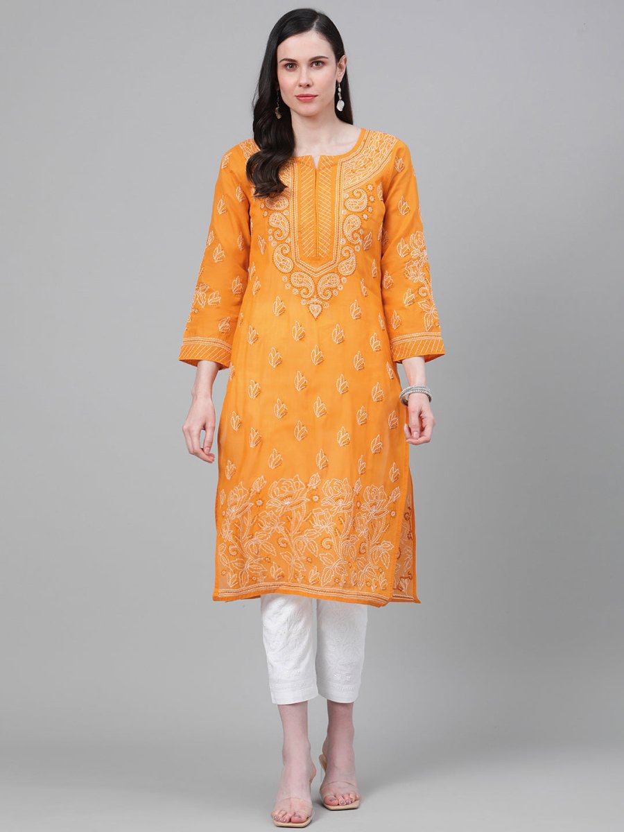 ADA Women Mustard Yellow & White Chikankari Embroidered Cotton Sustainable Handloom Kurta with Palazzos - Distacart