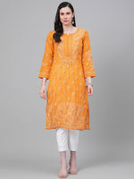 Thumbnail for ADA Women Mustard Yellow & White Chikankari Embroidered Cotton Sustainable Handloom Kurta with Palazzos - Distacart