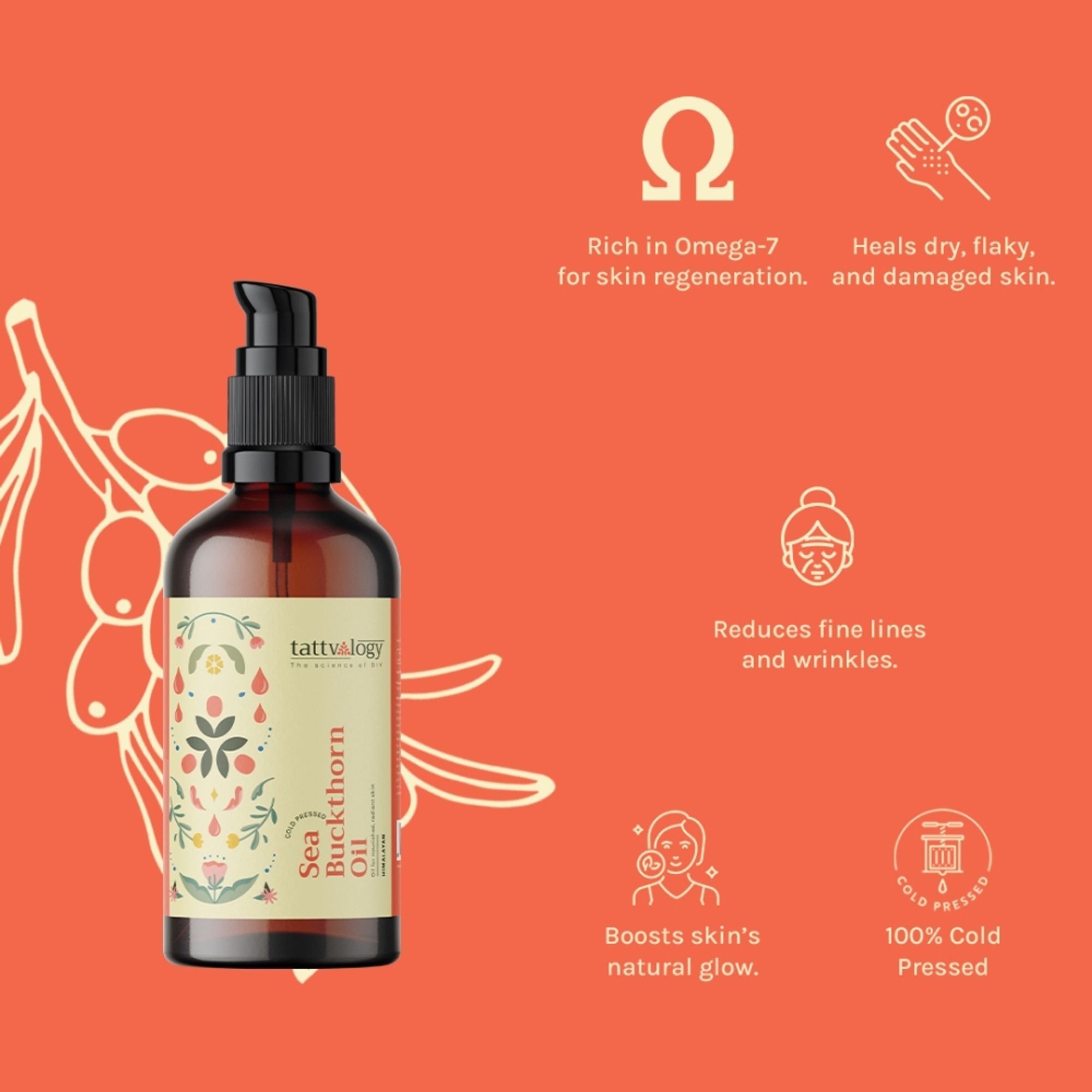 Tattvalogy Himalayan Seabuckthorn Oil - Cold Pressed, Rich in Vitamins E & C, Controls Skin Damage - Distacart
