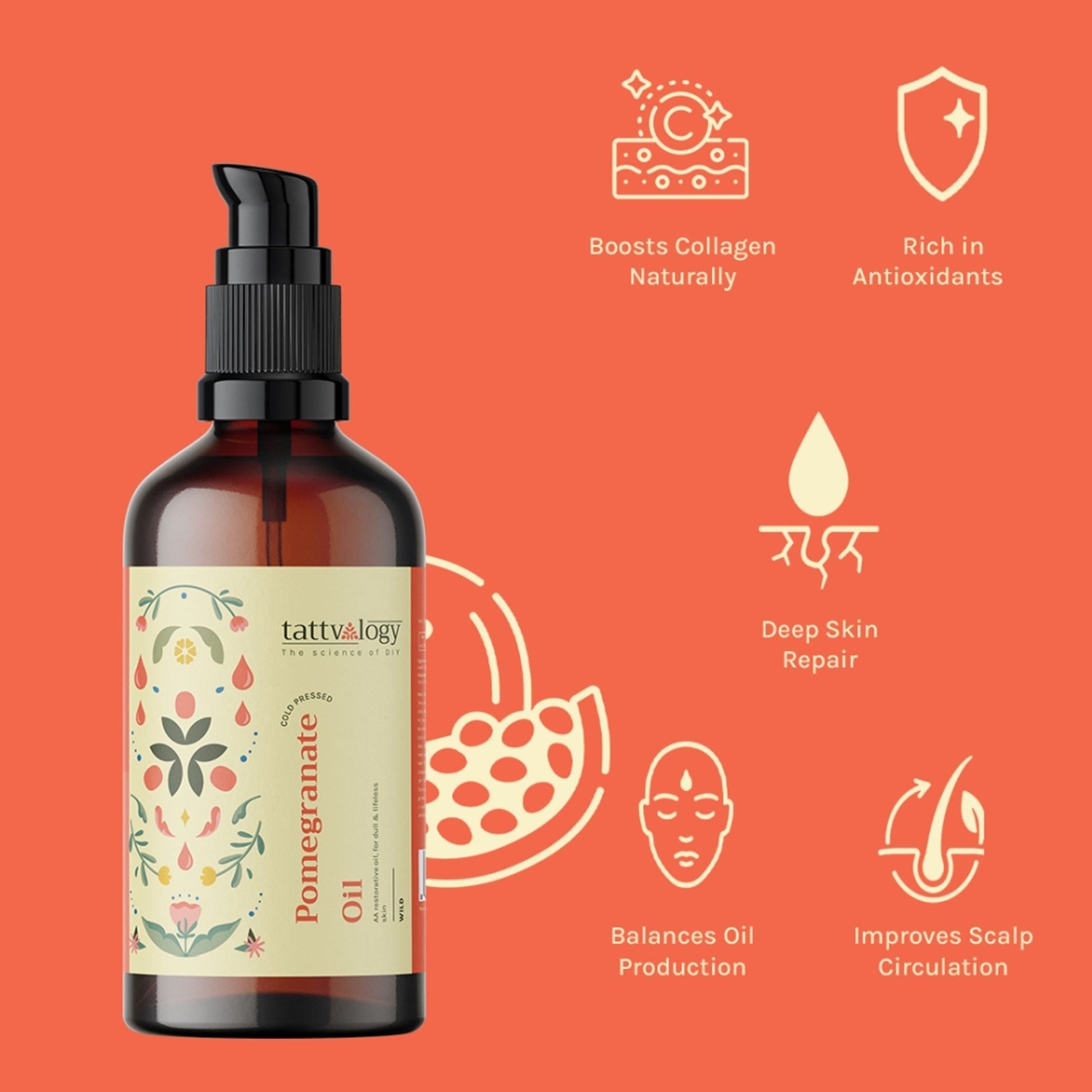 Tattvalogy Cold Pressed Pomegranate Oil - Fights Dark Spots, Hydrates & Boosts Collagen for Youth - Distacart