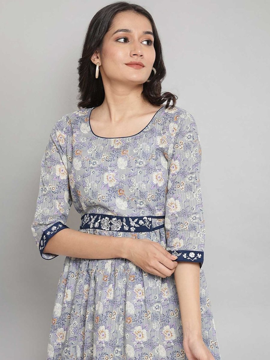 AURELIA Grey Floral Printed Midi Pure Cotton Dress - Distacart