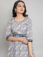 Thumbnail for AURELIA Grey Floral Printed Midi Pure Cotton Dress