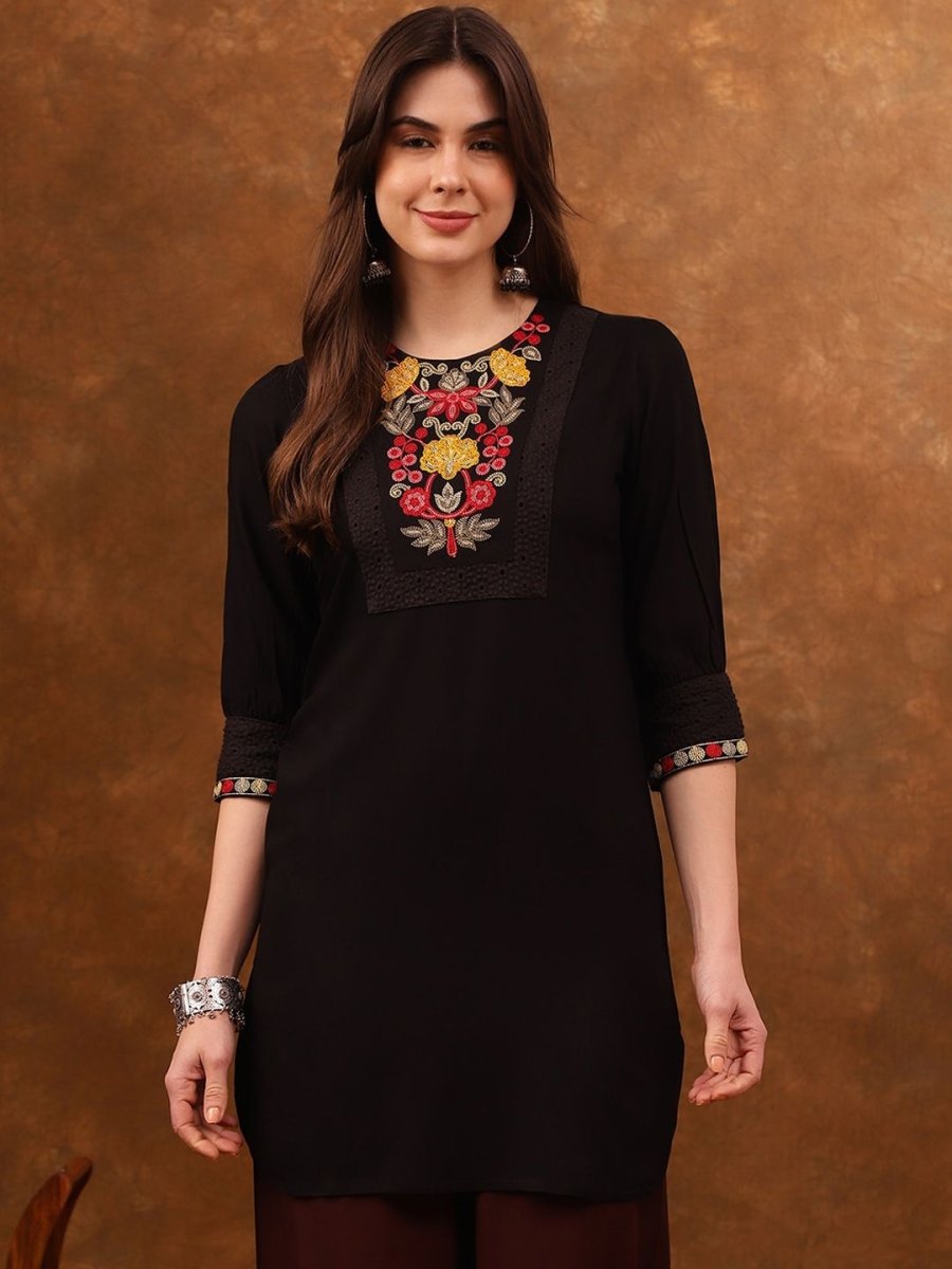 Anouk Floral Yoke Design Thread Work Straight Kurta