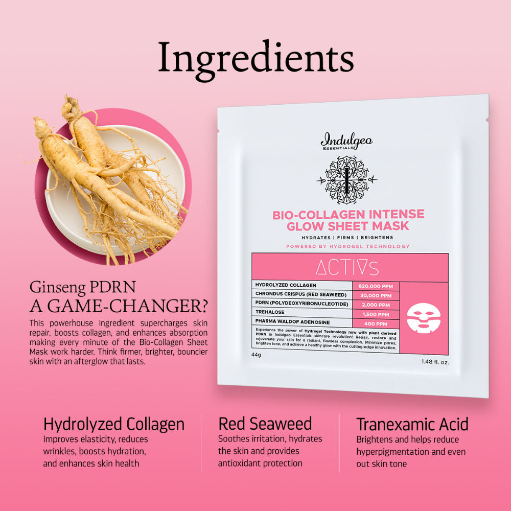 Indulgeo Essentials Ginseng PDRN Enriched Bio Collagen Intense Glow Sheet Mask (44g)